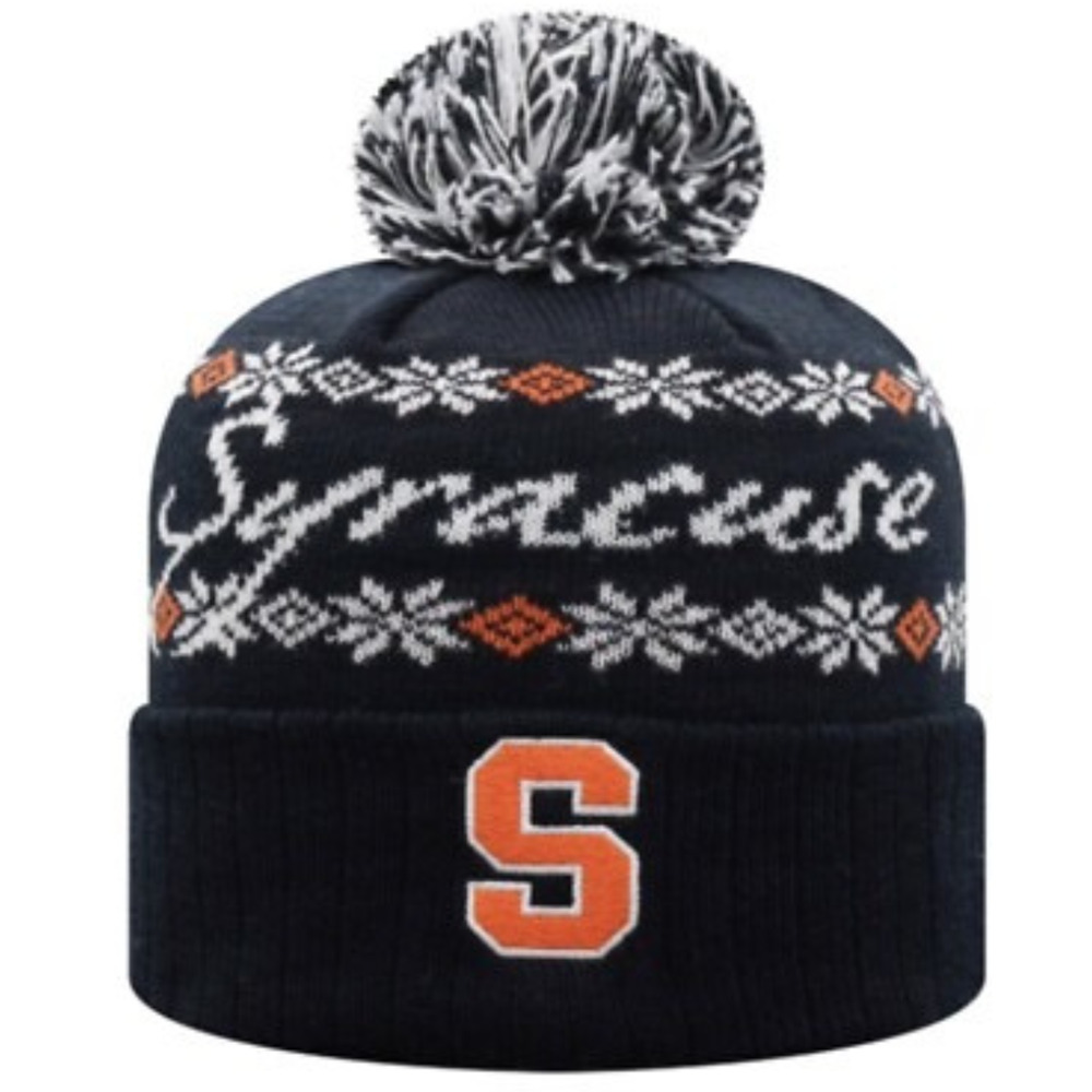 Syracuse Orange "S" Snowflake Knit Pom Pom Beanie Hat Navy Fair‎ Isle Cozy NEW
